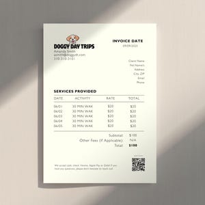 Progettazione di fatture per passeggiate con il cane / Fatture per servizi di pet sitting / Fatture per servizi di passeggiate con il cane / Fatture per servizi di asilo nido per cani / Modelli modificabili / Carta intestata USA e formato A4