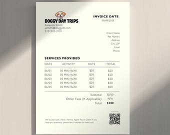 Dog Walking Invoice Design | Pet Sitting Invoice | Dog Walking Service | Doggy Daycare Invoice | Editable Templates | US Letterhead & A4