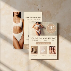 Folleto de bronceado en aerosol para empresas / Folleto de bronceado en aerosol neutro / Folleto promocional de negocios de belleza / Plantilla editable / Membrete de EE. UU. en anverso y reverso /