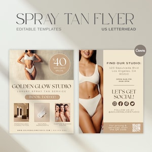 Panfleto de negócios de bronzeamento a jato | Panfleto de bronzeamento a jato neutro | Panfleto promocional para negócios de beleza | Modelo editável | Papel timbrado dos EUA frente e verso |