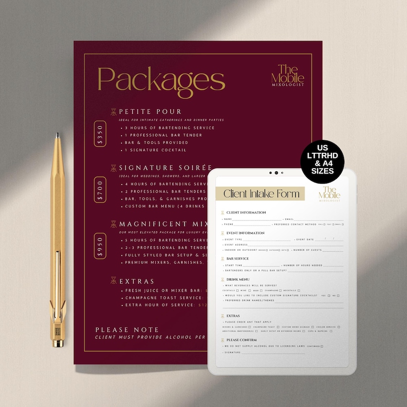 Mixologist Making Menu Notes Mobile Bartender Package Menu Template | Mixologist Client Intake Form ...