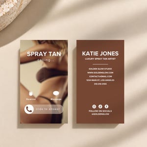 May include: Two rectangular business cards. The left card features a blurred image of a person in a bikini with the text SPRAY TAN calling, Remind, Message, and slide to answer. The right card is solid brown with white text: KATIE JONES, LUXURY SPRAY TAN ARTIST, contact details, and social media icons.