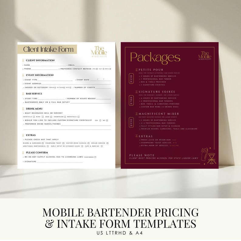 Mixologist Making Menu Notes Mobile Bartender Package Menu Template | Mixologist Client Intake Form ...