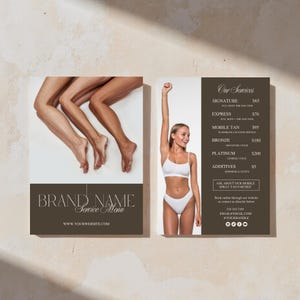 Lista de preços e menu de serviços de bronzeamento a jato | Cartão de preços de negócios de beleza | Menu de salão de bronzeamento | Modelo editável | 5x7