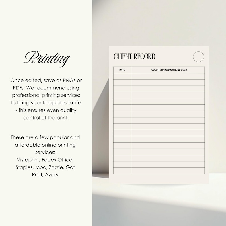 May include: A white client record template with black text featuring a header that reads CLIENT RECORD, a circular icon, and a table with two columns labeled DATE and COLOR SHADE/SOLUTIONS USED, followed by several horizontal lines for notes.