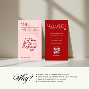 Front of editable makeup artist business card template in Canva featuring two image frames for portfolio photos, MUA name and branding, neutral and elegant beauty aesthetic