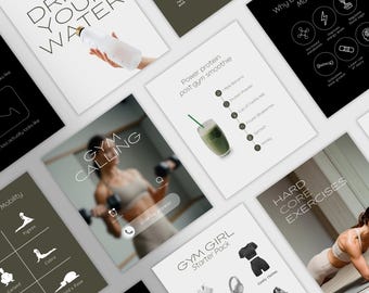 Może przedstawiać: Zbiór infografik o tematyce fitness na białym tle. Tekst zawiera "Drink Your Water", "Gym Calling", "Power protein post-gym smoothie" i "Gym Girl Starter Pack". Obrazy przedstawiają rutyny treningowe i porady dotyczące zdrowego stylu życia.