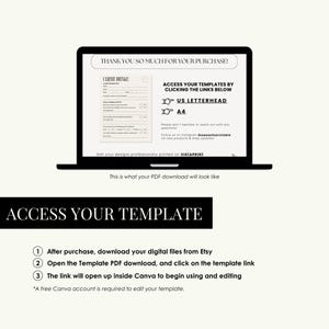 May include: A black laptop screen displaying a digital download instruction page with the text THANK YOU SO MUCH FOR YOUR PURCHASE, CLIENT INTAKE, ACCESS YOUR TEMPLATES BY CLICKING THE LINKS BELOW, US LETTERHEAD, A4, and VISTAPRINT.