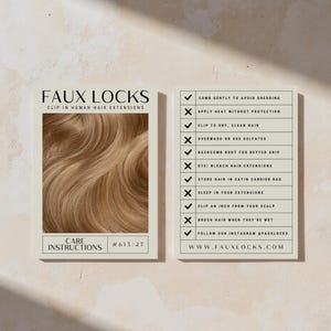 Cartão de cuidados com extensões de cabelo clip-in | Guia de cuidados posteriores com extensões de cabelo | Inserção de negócios de beleza | Modelo editável 5x7 | Cartão de marketing de salão