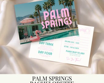 May include: A Palm Springs bachelorette invitation template. The front features a photo of a pool with palm trees and the words "Palm Springs" in pink. The back includes event details and RSVP information.