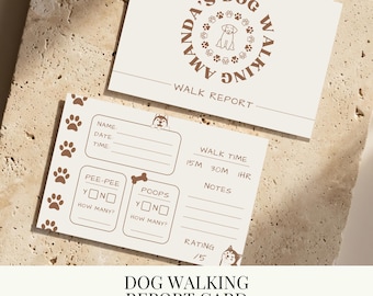 Puede incluir: Tarjeta de informe de paseo para perros de color beige con huellas de patas e ilustración de perro. La tarjeta incluye campos para nombre, fecha, hora y detalles del paseo. El texto dice "Amanda's Dog Walking" y "Dog Walking Report Card".