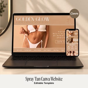 May include: A black laptop and a smartphone displaying a website template titled Golden Glow Luxury Spray Tan Service. The screen features a tan-colored background with a photograph of a person in a white bikini, navigation menus, and a Book Now button.