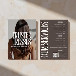 Lista de preços de especialistas em extensões de cabelo | Menu de preços e serviços | Preços de extensões de cabelo | Menu de preços de salão | Modelo editável 5x7