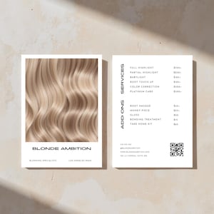 Blonding Salon Price List | Pricing & Services Menu | Minimalist Price List | Salon Service Menu | Hairstylist Menu | Editable 5x7 Template