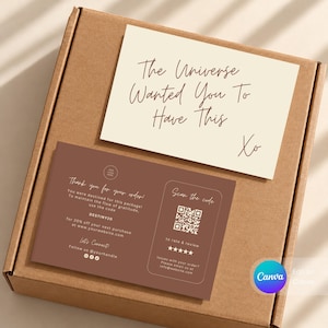 May include: A brown cardboard shipping box containing a cream-colored card with the text The Universe Wanted You To Have This Xo and a brown card featuring a QR code, text Thank you for your order, discount code DESTINY20, and social icons.