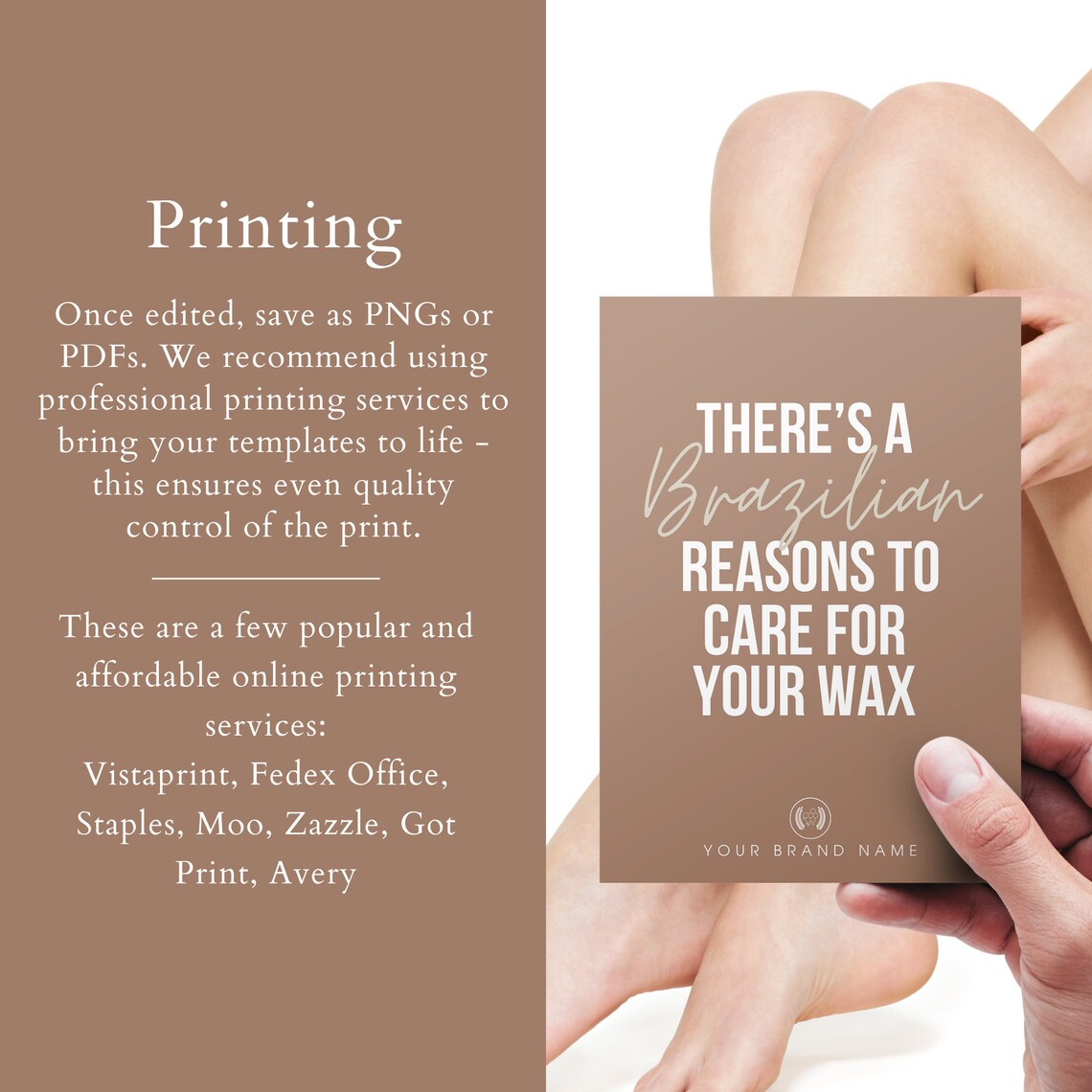 Brazilian Wax Aftercare Card Design Editable Template Brown & White 5x7 Luxury Wax Service Wax