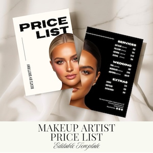 May include: Two makeup artist price list templates. One is white with the words "PRICE LIST" in bold black letters and the text "BEATS BY BRITTANY". The other is black with a list of services and prices. The bottom of the image reads "MAKEUP ARTIST PRICE LIST Editable Template".