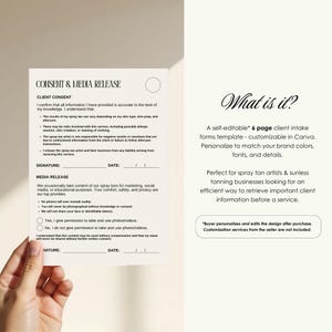 May include: A white paper document titled CONSENT & MEDIA RELEASE with black text. The form includes sections for client consent, signature, date, and media release options with checkboxes for yes or no regarding photo and video permission.