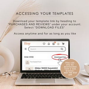 May include: Screenshot of an Etsy website showing how to download purchased digital files. The screen shows a laptop with the Etsy website open. The website shows a button that says "Download Files". Text on the screen says "Files can only be downloaded from a web browser - NOT THE ETSY APP".