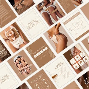 May include: A collection of social media templates for spray tanning services featuring a neutral color palette of beige and brown. The graphics include text overlays, diagrams of the tan life cycle, aftercare icons, and photos of tanned skin.