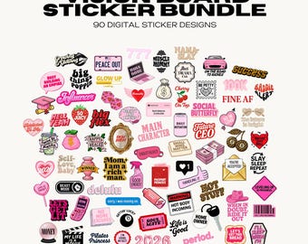 Op de afbeelding: Een verzameling van 90 digitale stickers met diverse ontwerpen en teksten, waaronder zinnen als "Vision Board Sticker Bundle", "Influencer" en "Hot Stuff". De stickers zijn in verschillende kleuren en stijlen.