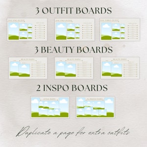 May include: A printable planner template featuring a green and blue landscape design. The template includes sections for outfit boards, beauty boards, and inspiration boards.