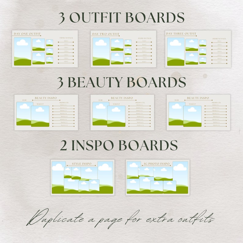 May include: A printable planner template featuring a green and blue landscape design. The template includes sections for outfit boards, beauty boards, and inspiration boards.