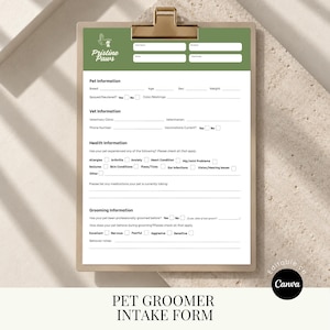 May include: A pet groomer intake form on a clipboard with a green header featuring the text Pristine Paws. The white document includes sections for pet, vet, health, and grooming information with blank lines and checkboxes for data entry.