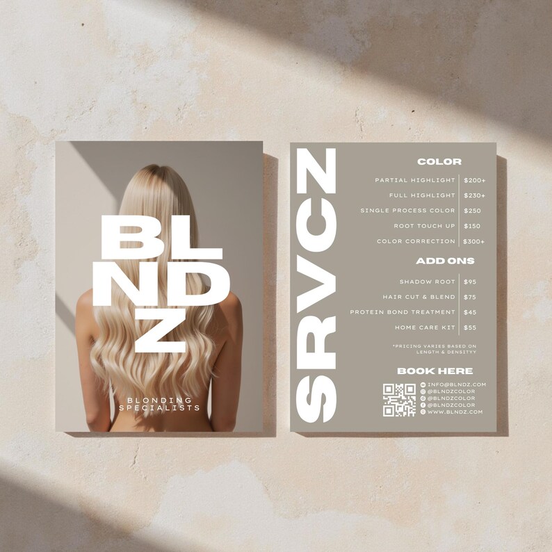 HAIR SALON SERVICE MENU BLONDING PRICE LIST RACK CARDS