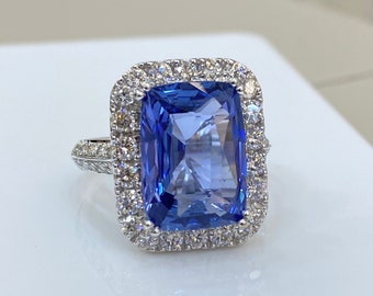 Simply WOW, bague en saphir véritable non traité et halo de diamants en or massif 18 carats