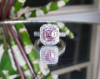 Gorgeous and Certified, No Heat Peach/Pink Padparadscha Sapphire and Diamond Ring in 18k White Gold