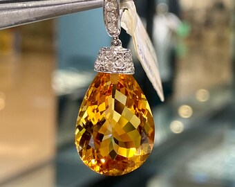 Glamorous, Genuine Citrine and Diamond Pendant in 18K Solid White Gold