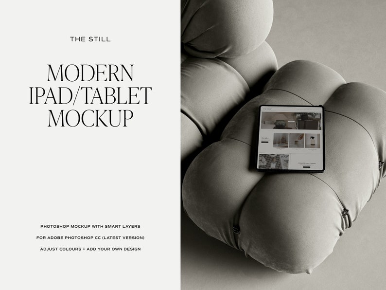 K&ouml;nnte beinhalten: Ein modernes iPad/Tablet-Mockup mit Website-Anzeige, das auf einem grauen, wolkenf&ouml;rmigen Kissen liegt. Das Bild enth&auml;lt den Text "THE STILL" und "MODERN IPAD/TABLET MOCKUP".