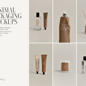 Peut inclure: Présentation de maquettes minimalistes d'emballages cosmétiques. L'image présente des tubes de crème pour les mains, des flacons en verre, des parfums, une bougie et un diffuseur. Le texte indique "MINIMAL PACKAGING MOCKUPS" et "THE STILL".