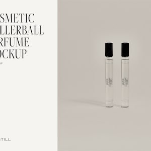 May include: Two clear rollerball perfume bottles with black caps. The bottles have a minimalist design, with the text "YOUR FRAGRANCE HERE" printed on the front. The image also includes the text "COSMETIC ROLLERBALL PERFUME MOCKUP" and "THE STILL".