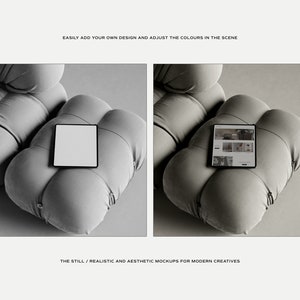 K&ouml;nnte beinhalten: Ein digitales Tablet mit schwarzem Rahmen liegt auf einem grauen, wolkenf&ouml;rmigen Sofa. Das Tablet zeigt ein Website-Mockup. Das Bild enth&auml;lt den Text: "EASILY ADD YOUR OWN DESIGN AND ADJUST THE COLOURS IN THE SCENE" und "THE STILL / REALISTIC AND AESTHETIC MOCKUPS FOR MODERN CREATIVES."