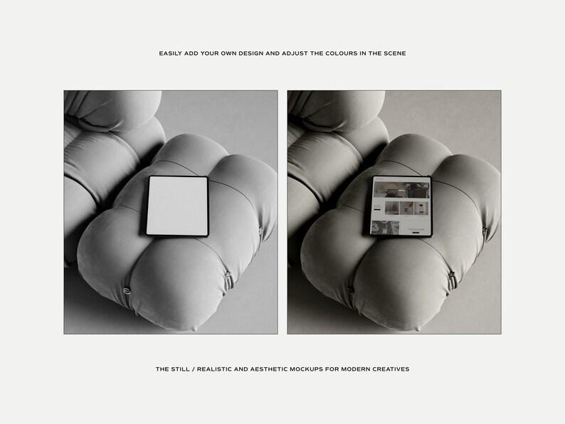 K&ouml;nnte beinhalten: Ein digitales Tablet mit schwarzem Rahmen liegt auf einem grauen, wolkenf&ouml;rmigen Sofa. Das Tablet zeigt ein Website-Mockup. Das Bild enth&auml;lt den Text: "EASILY ADD YOUR OWN DESIGN AND ADJUST THE COLOURS IN THE SCENE" und "THE STILL / REALISTIC AND AESTHETIC MOCKUPS FOR MODERN CREATIVES."