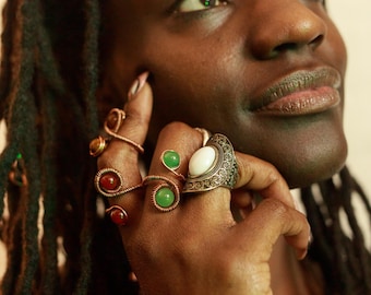 Coiled Copper Wire-Wrapped Double Gemstone / Crystal Rings / Statement Ring / Stone Ring / Handmade