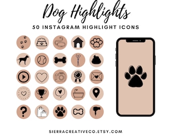 Op de afbeelding: Set van 50 zwart-witte Instagram-highlight-pictogrammen met hondenmotief. De pictogrammen staan op een lichtbruine achtergrond en bevatten poot afdrukken, hondenbotten, een hondenhok, een hondenriem, een hondenkom, een hondenspeelgoed, een hondenscheerapparaat, hondenpoep, een play-knop, een hart, een camera, een trofee, een e-mailenveloppe, een hart met een ster, een trofee, een hart in een spraakballon, een badkuip, een locatiepin, een vraagteken, een winkeltas, een poot afdruk, een bot en een föhn.