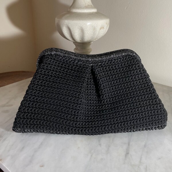 Fashion black clutch, crocheted iconic pouch, stylish maxi handbag, evening accessory, gift for her