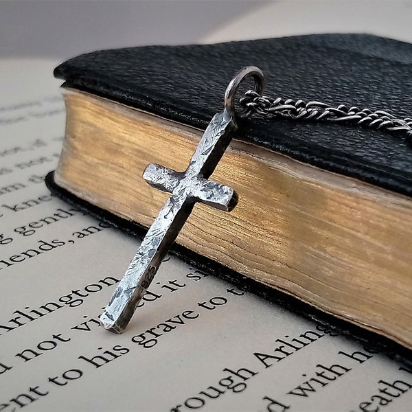 TEXTURED CROSS NECKLACE, Sterling silver cross necklace, Small size, 2.4 cm long x 13 mm wide (0.98 inch x 0.51 inch), 1.9 mm x 1.9 mm thick