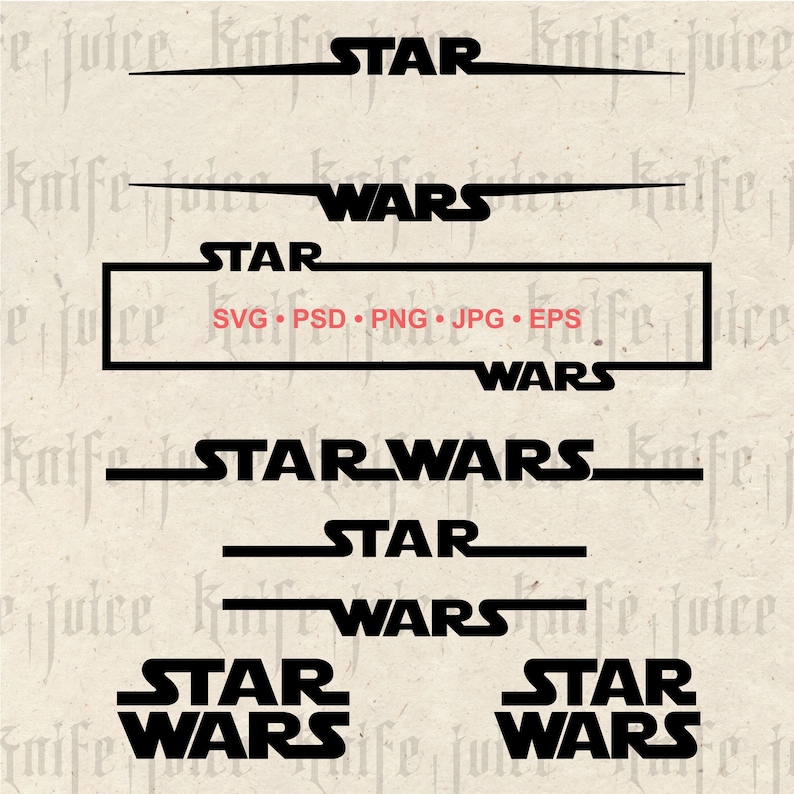 May include: A digital design file for a Star Wars logo. The design includes various versions of the logo, including "Star Wars", "Star", and "Wars". The file is available in SVG, PSD, PNG, JPG, and EPS formats.