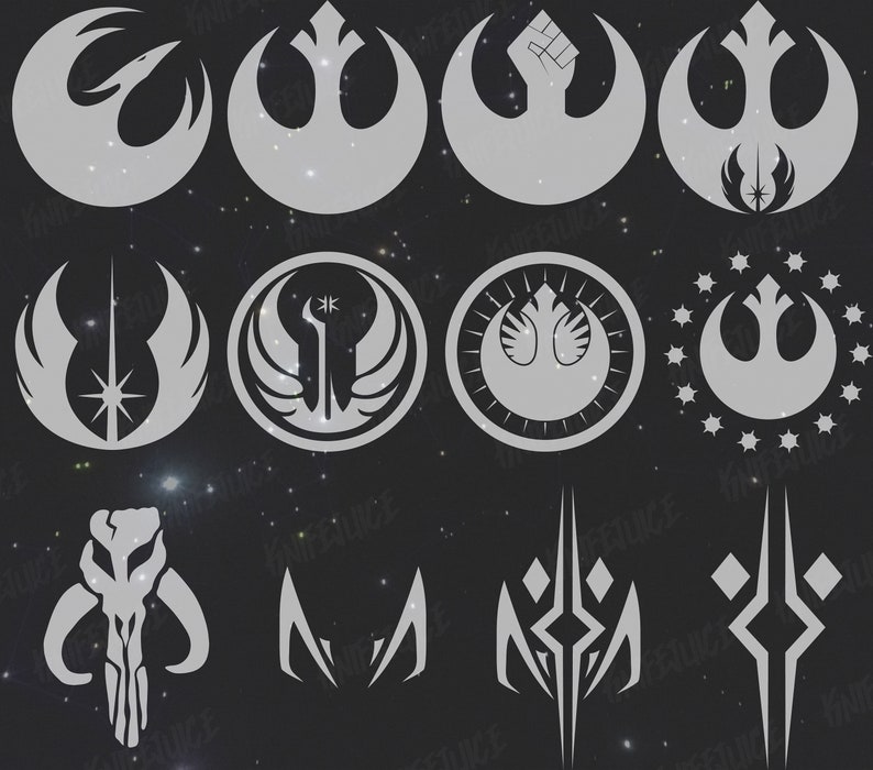 Op de afbeelding: Een verzameling van 12 verschillende Star Wars Rebel Alliance-symbolen in grijs op een zwarte achtergrond met een sterrenpatroon. De symbolen omvatten het Rebel Alliance-logo, het symbool van de Mandalorian en het symbool van de Jedi-orde.