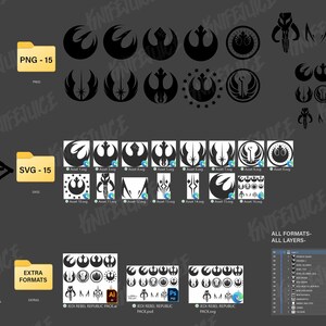 Op de afbeelding: Een digitale illustratie van 15 verschillende Star Wars Rebel Alliance logo's in zwart en wit. De logo's zijn gerangschikt in een rasterpatroon en zijn gelabeld met de tekst "Asset 1.png" tot "Asset 15.png".