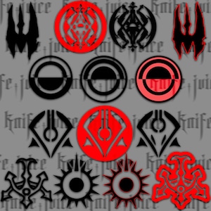 May include: A collection of black and red graphic designs, including circular and geometric shapes. The designs vary in complexity, with some featuring intricate patterns and others being more minimalist. The background is a light gray with faint text.