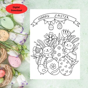 Tarjeta para colorear de Pascua, tarjeta imprimible de Feliz Pascua para colorear con conejitos y huevos, descarga de tarjeta de felicitación de 5x7, plantilla de sobre A7 incl.