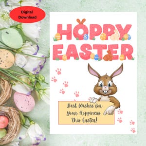 Lustige Osterkarte zum Ausdrucken, hoppy Ostergruß mit Hase, der Hoppiness wünscht, herunterladbare bereit zum Drucken 5x7, Umschlagvorlage inkl.
