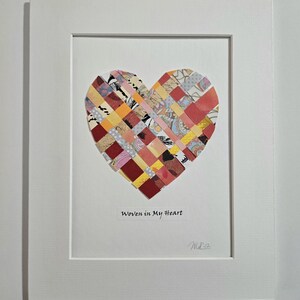 Heart Wall Decor, Woven Paper Wall Art, Paper Weaving Artwork, Mixed Media Paper Art, 4.5"W x 4.5H" Weaving in 8x10" White Mat