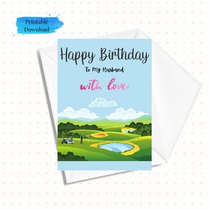 Afdrukbare verjaardagskaart echtgenoot met liefde en golfbaan, downloadbare kaart Happy Birthday 5 x 7, Instant Download (incl. envelopsjabloon)