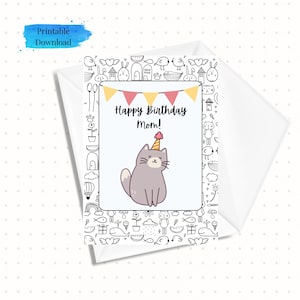 Printable Birthday Card for Cat Mom, Kitty Mother Downloadable Birthday Card, 5x7, Instant Download (Envelope Template Included)